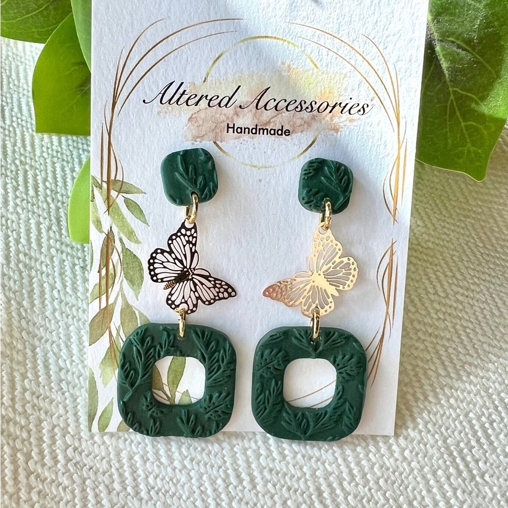 2/$30 Green Earrings with Gold Butterfly Charms
